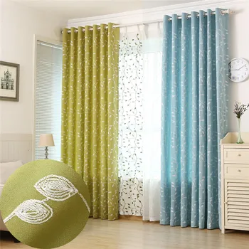 

Charming Embroidery Leaf Bedroom Curtains Cotton and Polyester Fabric Living Room Window Door Panels Blue Green Kitchen Valances