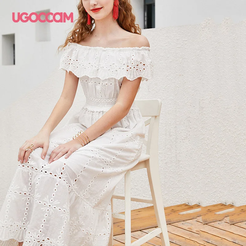 UGOCCAM, белое платье с бабочкой, с открытыми плечами, хлопковое, с оборками, женское, Осеннее, богемное, сексуальное, с выемкой, с высокой талией, платье
