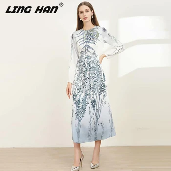 

LINGHAN Designer Women 2020 Spring Summer Flower Print Long Sleeve Midi Dress Lady Party Boho Dresses Vestidos Robe Femme
