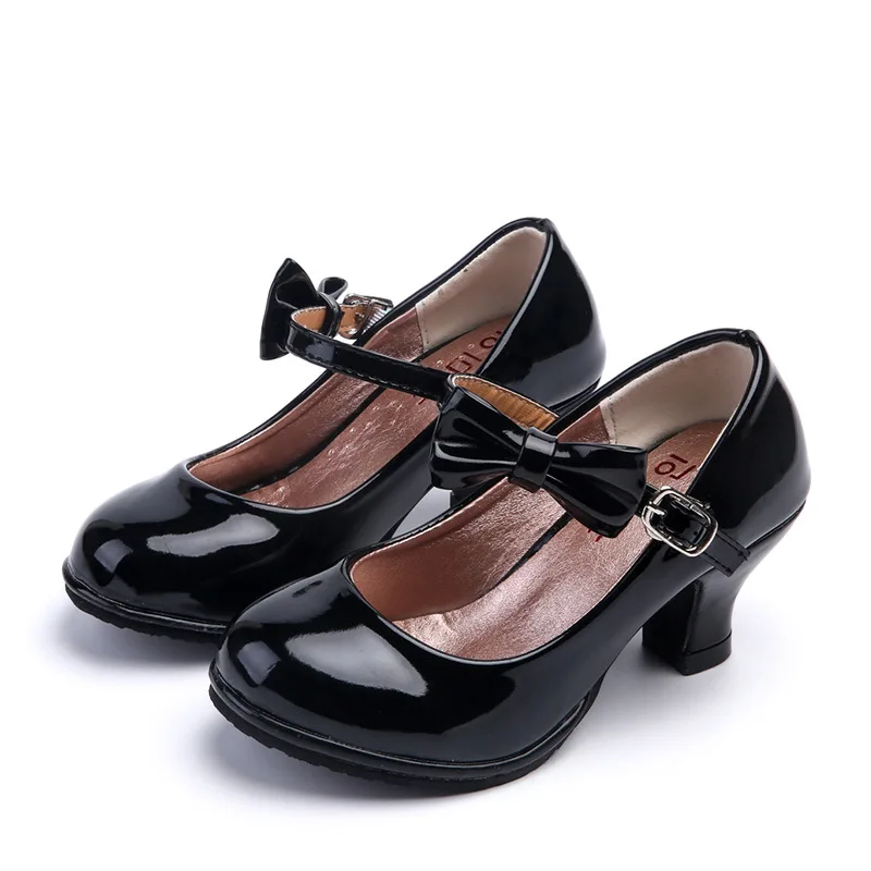 Spirng Formal All Black Shoes Children High Heel Girls Shoes Performance Wedding Party Princess School Girl Dress Shoes D12053