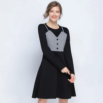 

2019 Autumn Fashion Elegant Dress Autumn plaid strap patchwork Contrast Color cultivated work A-line dress vestidos 5XL XXXXXL