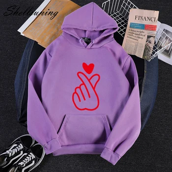 

Shellsuning 4 Color Women Hoodies Sweatshirts Winter Casual Fleece Pocket Pullovers Loose Heart Hooded Female Thicken tops S-3XL