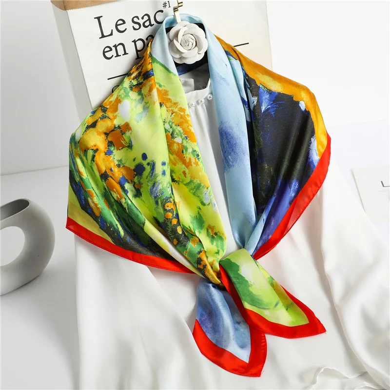 

2021 Silk Scarf Women Oil Paint Sky Flowers Prined Hair Band Luxury Foulard Square Shawl Spring Sun Protecive Pashimina