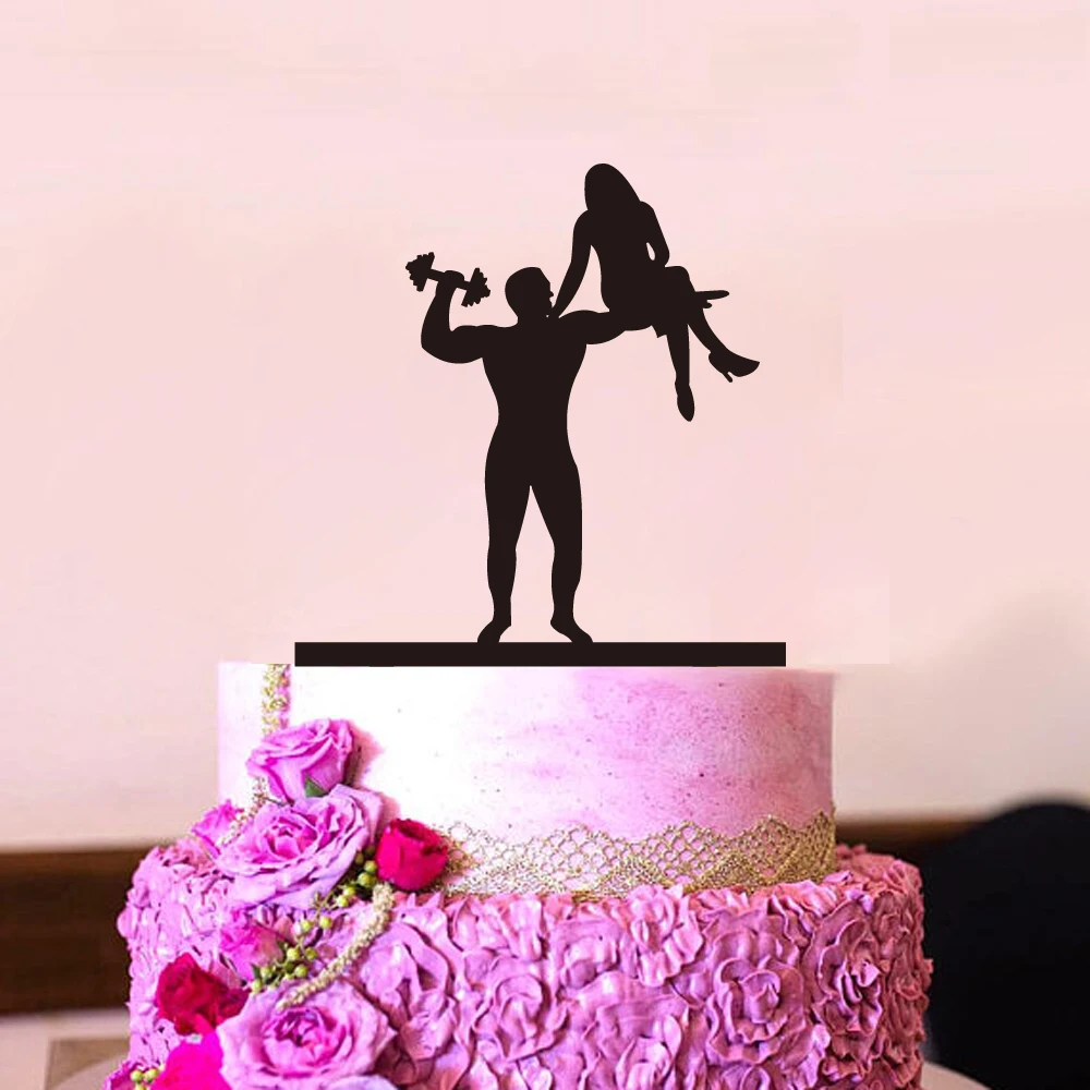 Funny Style Wedding Cake Topper Bride & Groom Shooting Cake Topper MR & Mrs Black Acrylic Cake topper Weightlifting Decoration (4)