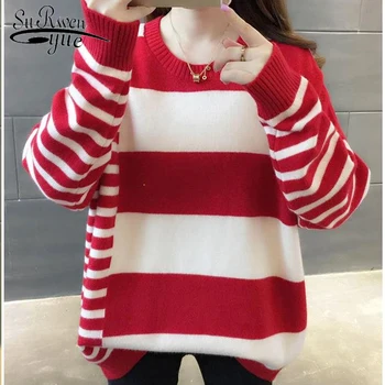 

2019 New Fashion Elegant Women Sweater Long Sleeve O-neck Soft Casual Women Blouses Sweet Stripe Women Tops 5776 50