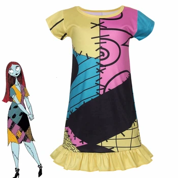 

The Nightmare Before Christmas Sally Cosplay Costume Girls Halloween Party Sally Printed Dress Cartoon Nightgown For Kids
