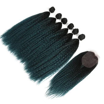 

Afro Kinky Straight Hair For Black Women Weave 6 Bundles With Closure Ombre Teal Synthetic Hair Extension 7pcs/Lot Classic Plus