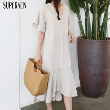 

SuperAen Summer New 2020 Women Dress Cotton and Linen Temperament V-neck Dress Female Short-sleeved Women Clothing Fashion