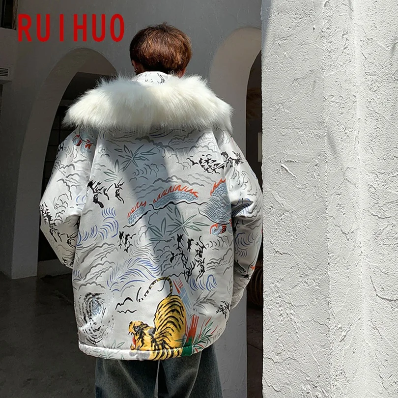 RUIHUO с вышивкой тигра, пальто с капюшоном, мужская куртка, теплая зимняя куртка, мужское пальто, парка, зимнее пальто, мужская одежда, осенняя парка размера xxxl