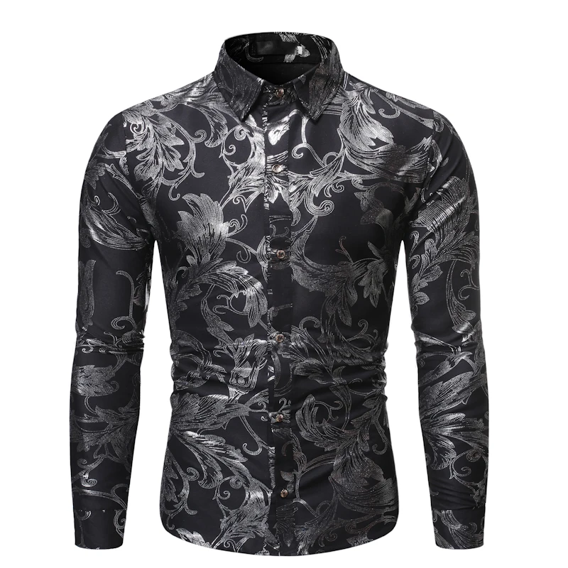 

Autumn and winter shirt new fashion joker, hot stamping decoration, casual lapel man long sleeve flower shirt camisa masculina