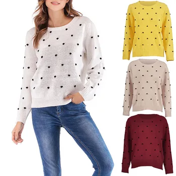

Womens Round Neck Long Sleeve Sweater Solid Color Round Ball Loose Pullover Sweater IK88