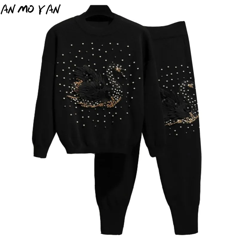 New Ladies Set Autumn Fashion Temperament Animal Embroidery Beaded Sequins Casual High-quality Elastic Waist Two-piece Suit 3d print animal series wolf king hoodie brand fashion autumn all over printed mens sweatshirt unisex pullover casual jacket tops