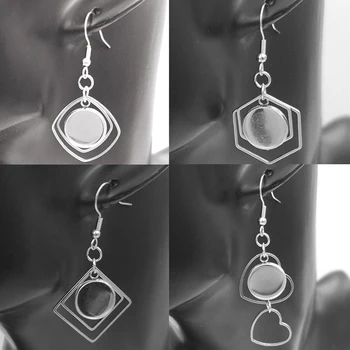 

10pcs DIY Stainless Steel Dangle Earring Base Blanks Fit 12mm Glass Cameo Cabochon Tray Settings with Double Hoop heart Charms