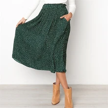 Женские юбки, модные плиссированные юбки, Boho Midi, юбки с высокой талией, уличная одежда, винтажные юбки в горошек с карманами