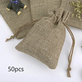 

50pcs Small Burlap Jute Hessian Bag Wedding Favour Jewellery Drawstring Pouch Burlap Bag Jute Gift Bags With Jewelry Packaging W