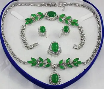 

Jewelry Free Shipping Noble Silver plated green jade earring bracelet necklace ring set