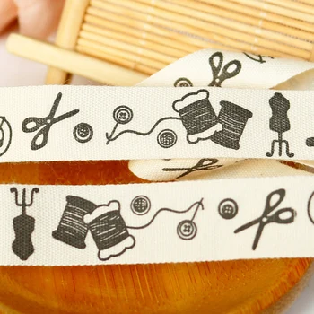 

15mm Retro Zakka Cotton Ribbon Sewing Machine Spools Scissors Pattern Sewing Tape Label Handmade Gift Ribbon Fabric Webbing