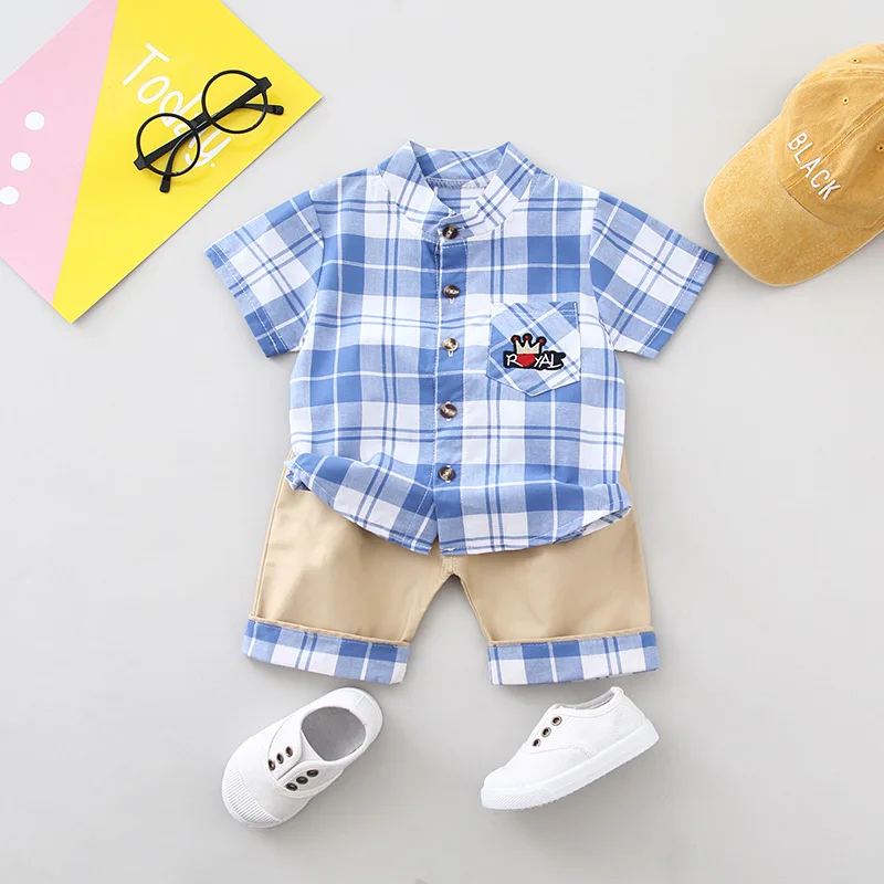 Летние Одежда для маленьких мальчиков Комплекты Повседневное короткий рукав плед рубашки топы с принтом+ шорты, костюм Set1