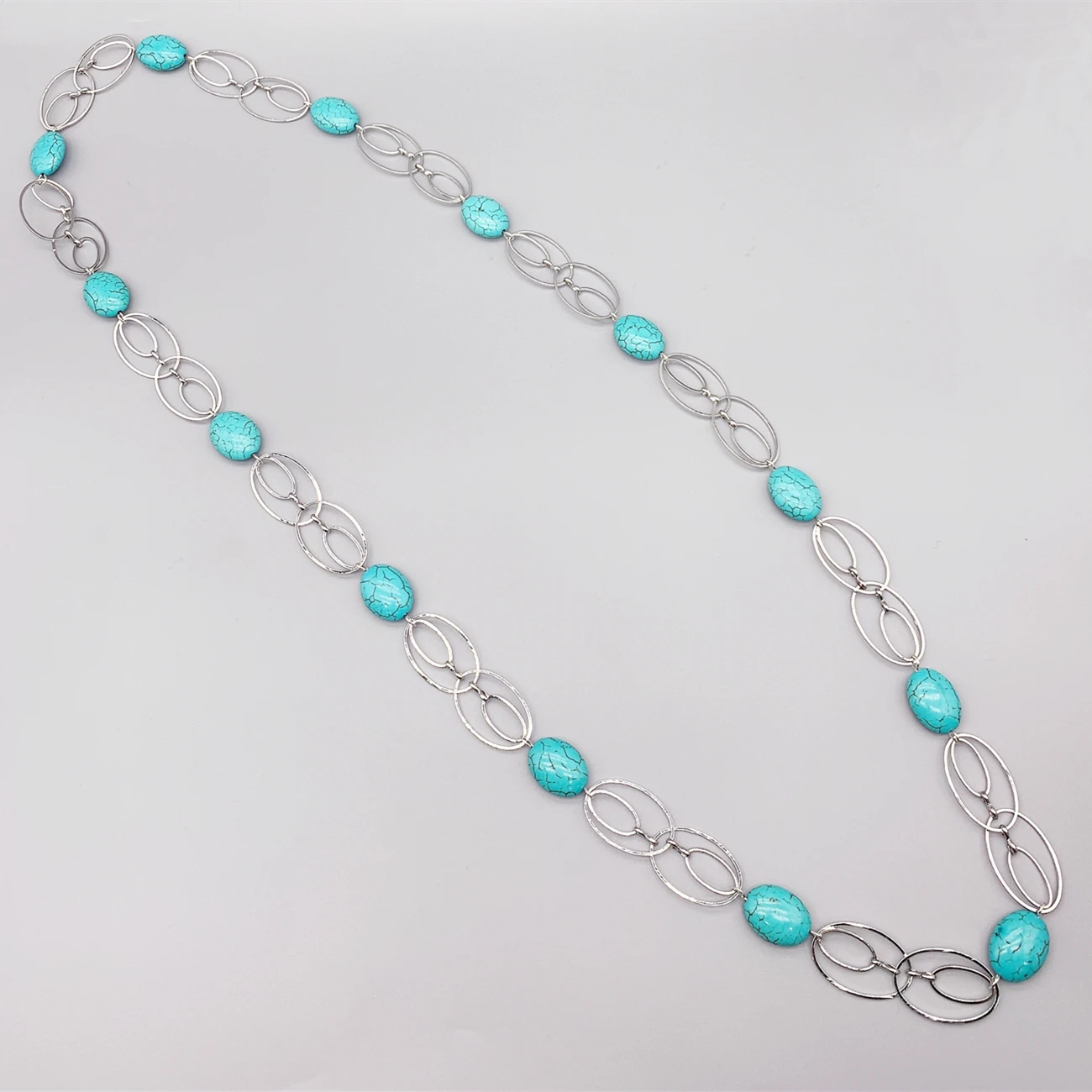 FoLisaUnique Stylish Long Silver Link Chains Oval Turquoise Necklace For Women Trendy Jewelry