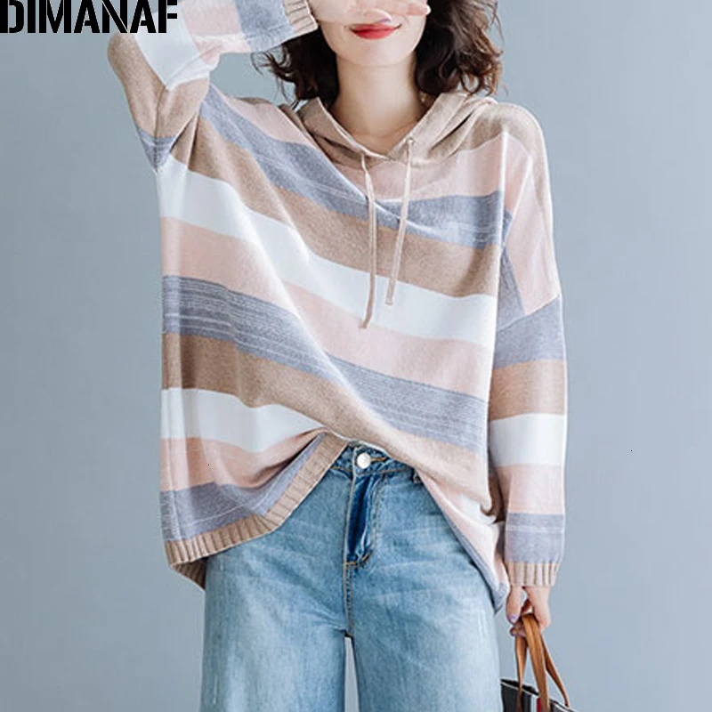 DIMANAF Plus Size Women Sweater Winter Pullovers Hooded Knitting Cotton Fashion Striped Loose Oversize Lady Tops Female Clothes DIMANAF Plus Size Women Sweater Winter Pullovers Hooded Knitting Cotton Fashion Striped Loose Oversize Lady Tops Female Clothes