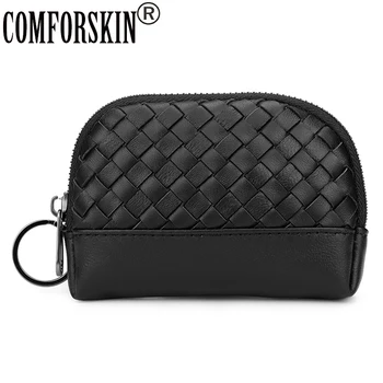 

COMFORSKIN Luxurious Genuine Leather Coin Purses Hand-made Knitting Sheep Skin Zipper Pocket With Key Holder Small Mini Wallet