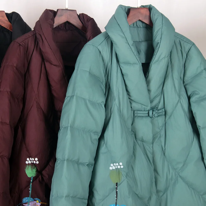 

New Style Chinese-style down Jacket Women's Long over-the-Knee Thick A- line dou peng kuan Literature And Art Retro Frog Large S