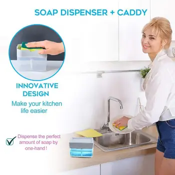 

Soap Dispenser With Sponge Caddy Kitchen 2-in-1 Manual Press Liquid Soap Dispenser Hand Washing Scrubber Storage Box Kitchen