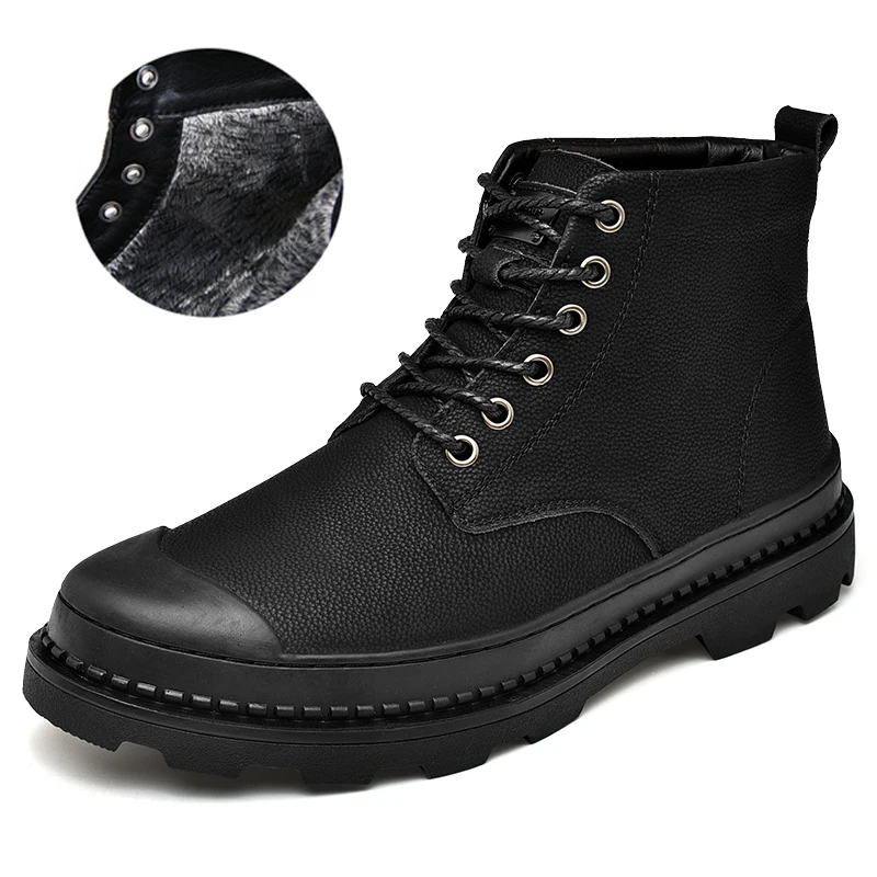 Black Warm Winter Men Boots Genuine Leather Ankle Boots Men Winter Work Shoes Men Military Fur Snow Boots for Men Botas