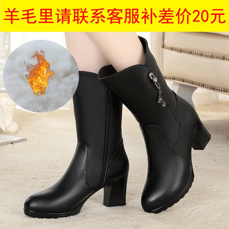

Winter Women's Business Biker Boots 2019 New Style High-Heel Anti-slip Wool Thick Leather Boot Female Black Tube Boots