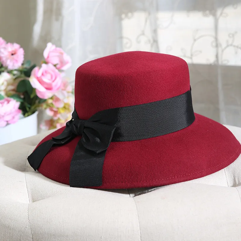 

Red Elegant Large Brim Bowler Hat England Retro Australian Hat 100% wool Felt Hat Winter Hat For Women Casual Wear Free Shipping