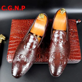 

C.G.N.P British Style Genuine Leather Crocodile Pattern Loafers Men Shoes Summer Slip On Handmade Shoes For Men Flats Dress Shoe