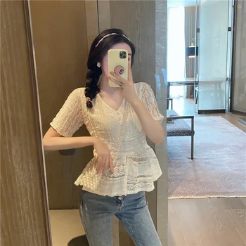 

WOMEN Summer French Retro Palace Style V-neck Waist Lace Short Sleeve Top