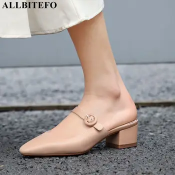 

ALLBITEFO fashion retro genuine leather thick heel party woemn shoes high quality women high heel shoes summer women slipper