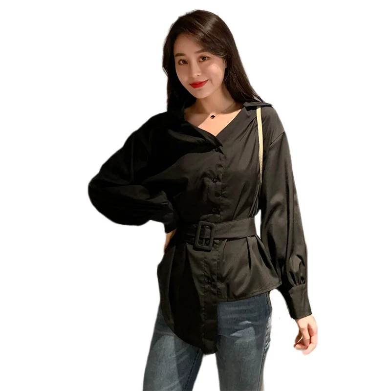 New Autumn Women Shirts Full Sleeve Loose Irregular Web Celebrity Blouse Shirt White Green Black 1702