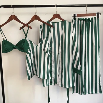 

Women Satin Pyjamas Silk Pajamas Striped Sleepwear for Womenhome Suit Green Bathrobe Strap Pijama with Chest Pads Sleep Lounge