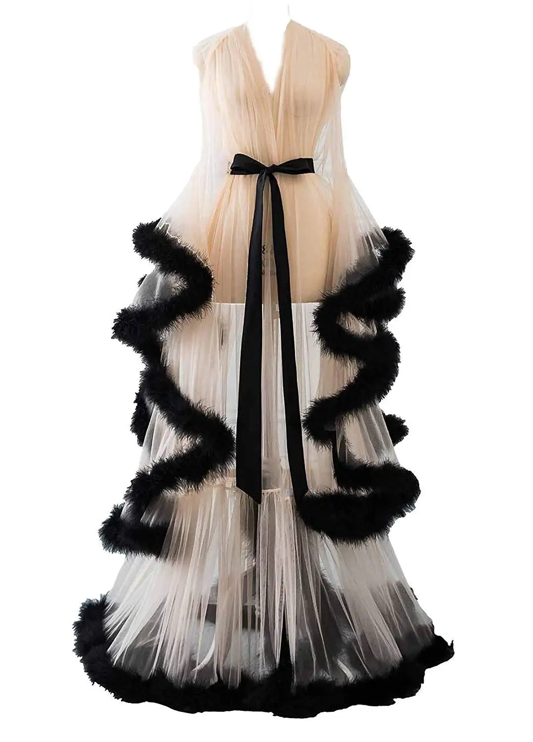 Свадебное платье с отделкой из красных перьев, свадебное платье из тюля, длинное платье для дня рождения, вечерние платья - Цвет: champagne-black