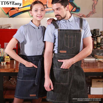

New Denim Cowboy Apron Pocket BBQ Senior Jeans baking Bib Kitchen Half apron for Women Men cooking Waitress Custom Print Logo