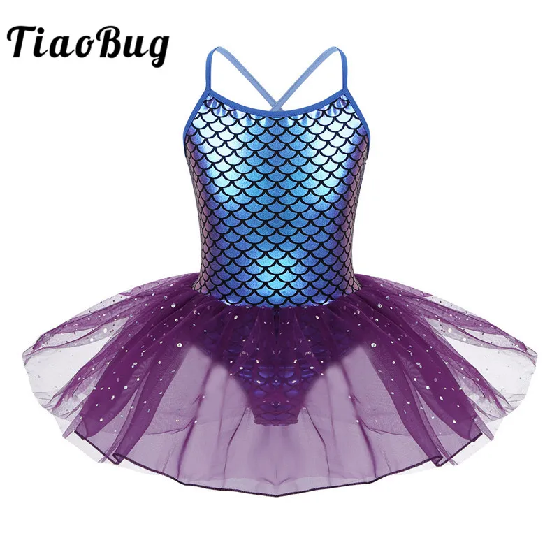 

TiaoBug Girls Glitter Mermaid Costume Spaghetti Straps Scales Pattern Mesh Tutu Ballet Dress Gymnastics Leotard Kids Dance Wear