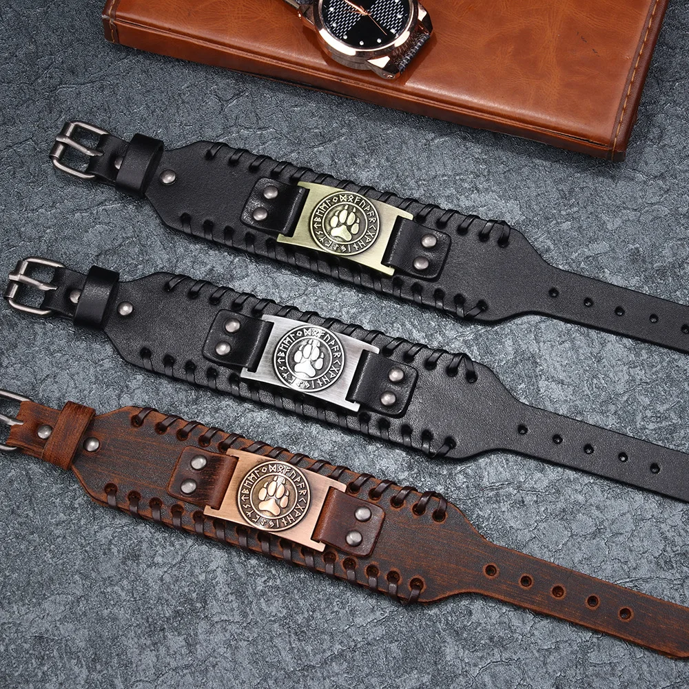 Nordic Viking Rune Bear Paw Pattern Bracelet Men's Metal Leather Woven Jewelry Animal Accessories Party Gift bangle bracelet,leather bracelets,leather bracelet,woven bracelets