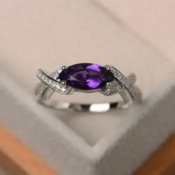 

European and American New S925 Sterling Silver Ring with Deep Purple Topaz Horse Eye Shape Ladies Engagement Ring