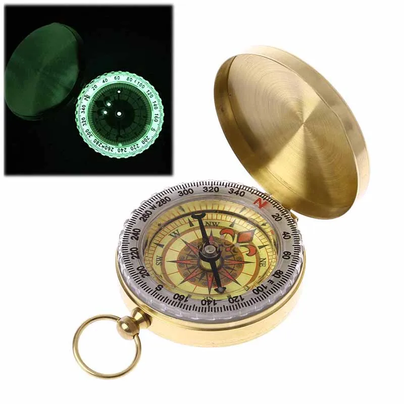 Pure Copper Clamshell Compass with Luminous Pocket Watch Portable Multi-Function Metal Measuring Ruler Tool Keychain |