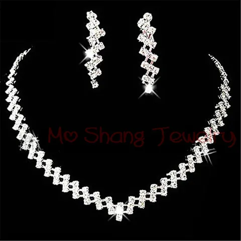 Crystal Bridal Wedding Jewelry Sets African Beads Silver Color Rhinestone Women Girls Necklace Sets Engagement Party Gift