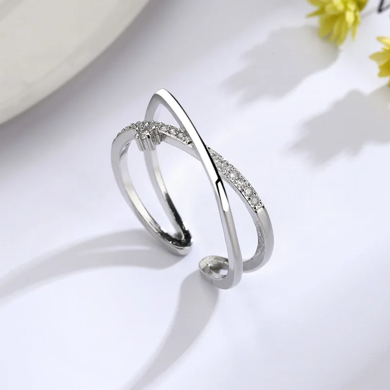 Korean Zircon Ring Personality Cross Open Adjustable Finger Rings for Women Fashion Silver Color Jewelry Accessories Party Gift - Image 2