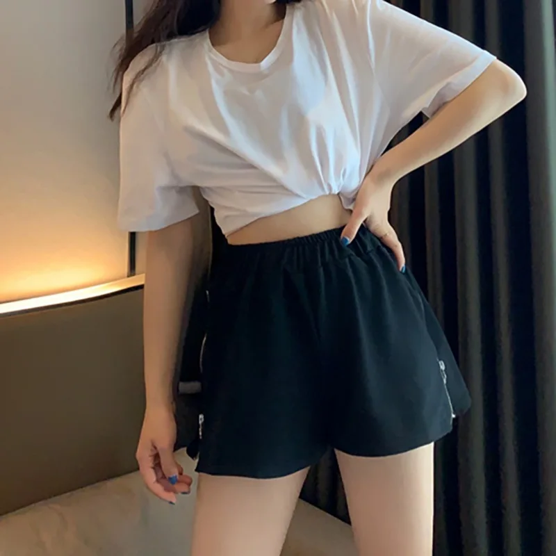 

Korean Summer New Women Shorts Solid Color High Waist Zipper Decoration Wide Leg Loose Casual High Waist Women Shorts