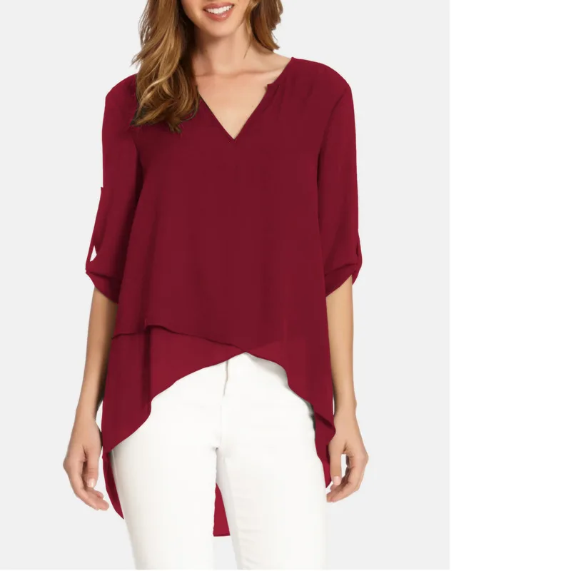 

2019 V Neck Long Sleeve Irregular Hem Chiffon Shirt Perspective Loose Korean Style Plus Size Tops Roupas Feminina Ey*
