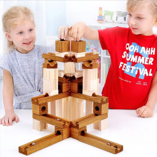 60pcs Wooden Marble Track Assembly Building Blocks Run Maze Ball Puzzle Children Educational Toys Kids Gift 3