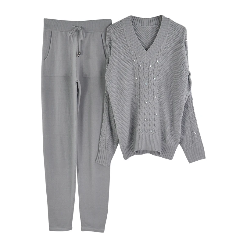 Женский вязаный комплект из двух предметов MVGIRLRU, вязаный косами свитер с бусинами и V-образным вырезом и штаны, костюм с пуловером - Цвет: Light Grey