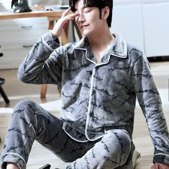 

Winter Warm Casual Bathrobe Nightwear Gray Men Flannel Pajamas Set Sleepwear Thick Coral Fleece Sleep Set Pijamas Suit Homewear