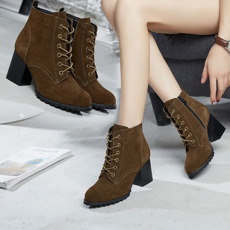 

2018 Autumn And Winter New Style Genuine Leather Dull Polish High Heel Boots round-Toe British-Style Martin Boots Chunky Heel WO