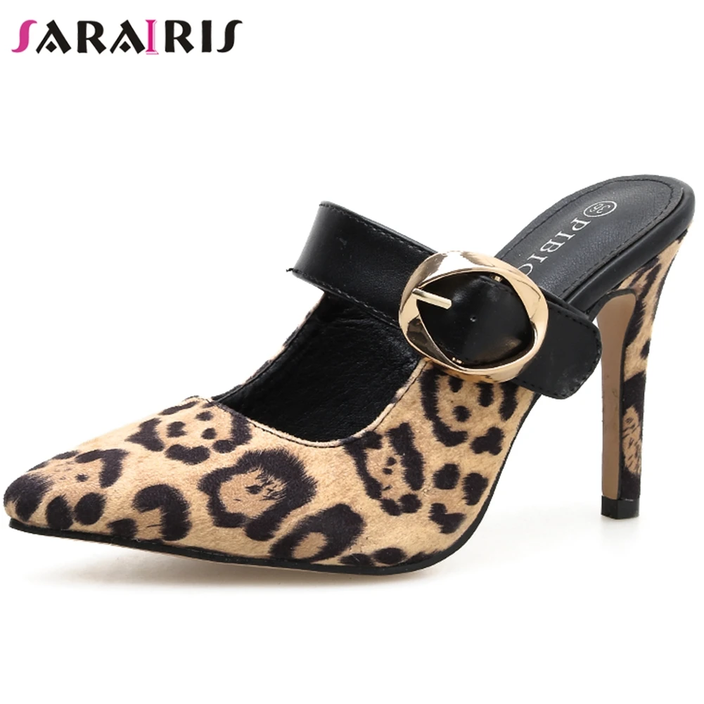 

SARAIRIS Sexy Female Spring Summer Leopard High Heels Slip On Pumps Buckle Decoration Pointed Toe Mules Women Shoes Woman